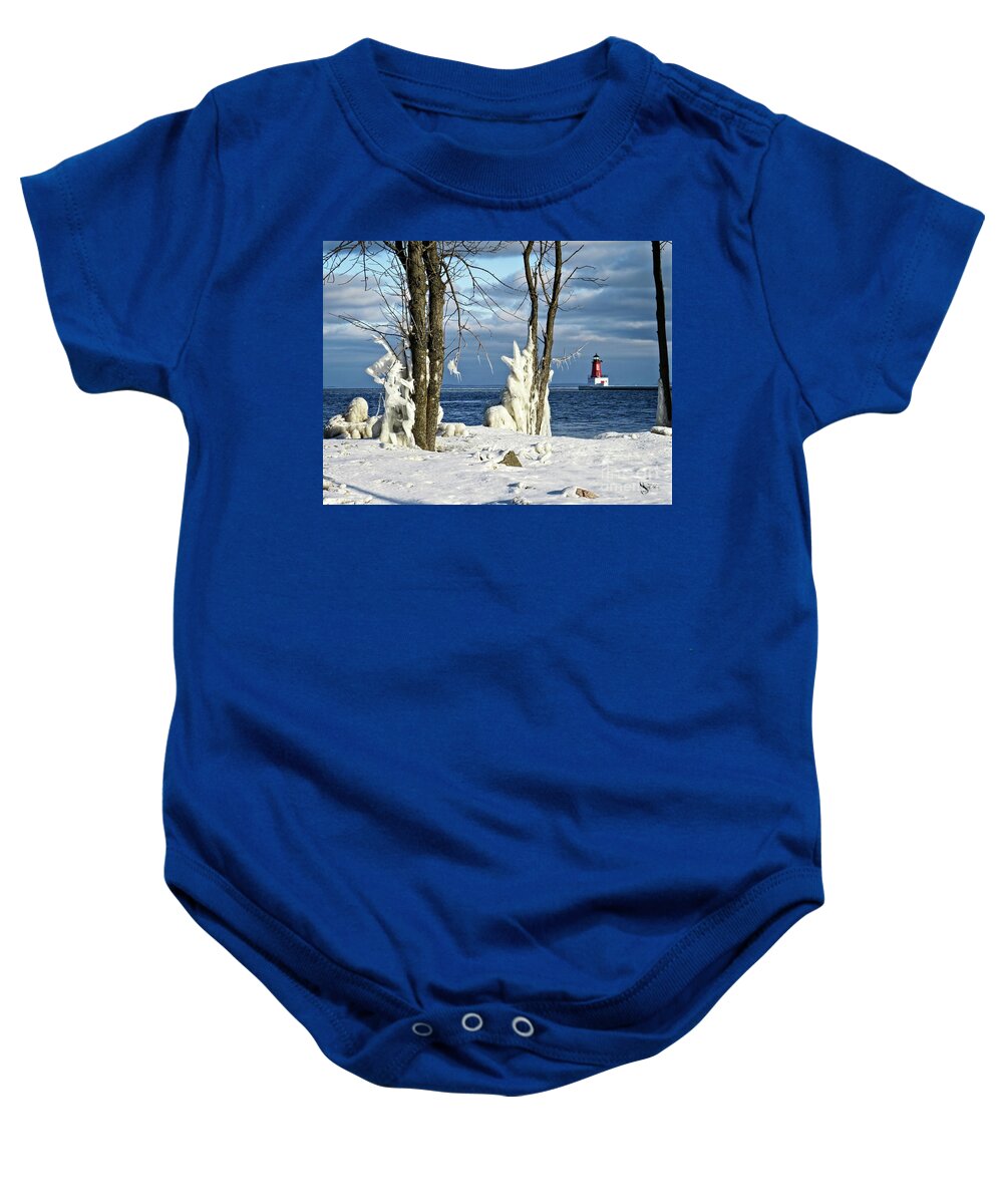 Menominee Lighthouse Baby Onesie featuring the photograph Menominee Lighthouse Ice Sculptures by Ms Judi