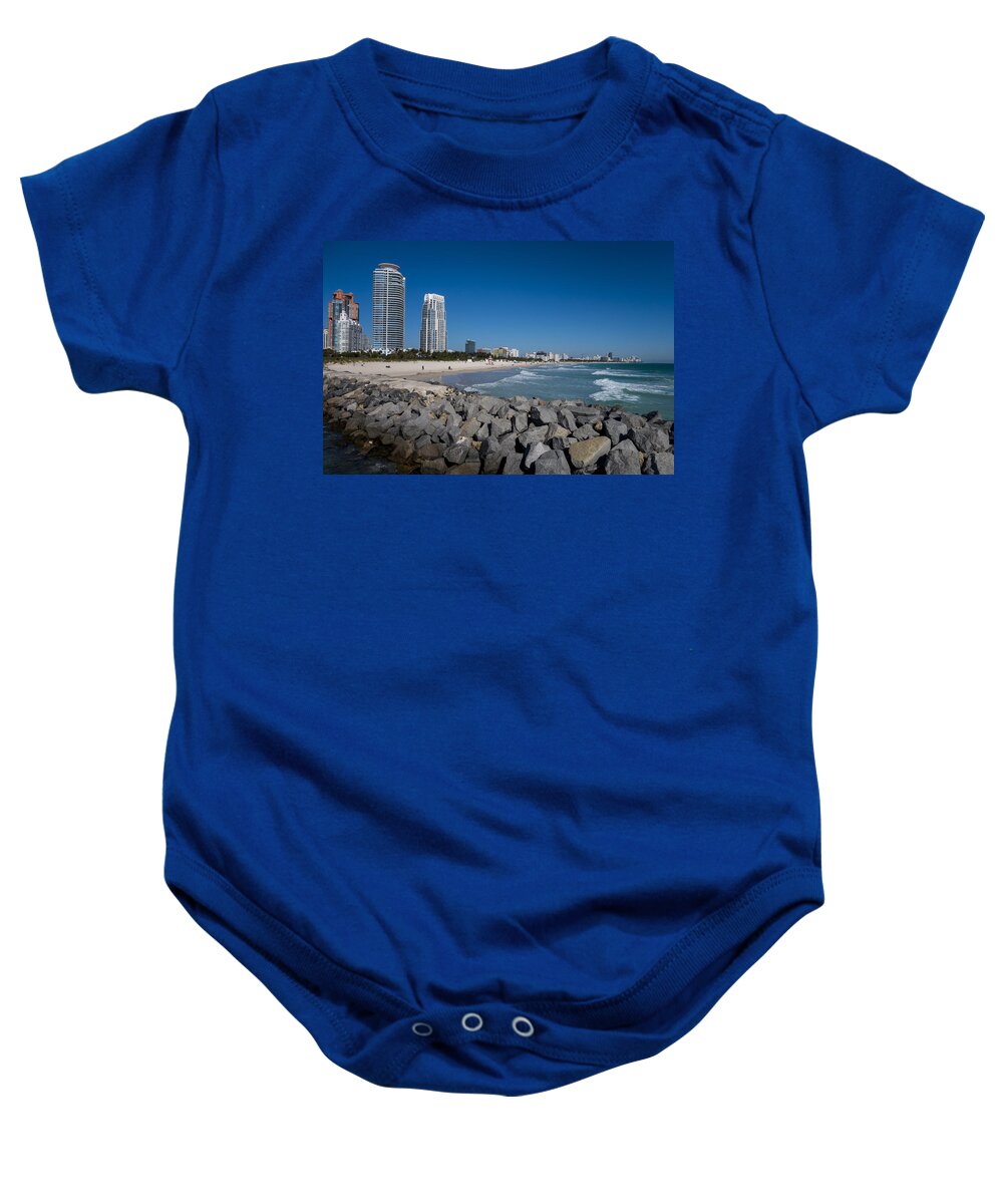 Miami Baby Onesie featuring the photograph Miami Florida Skyline Miami Beach Rock Wall by Toby McGuire