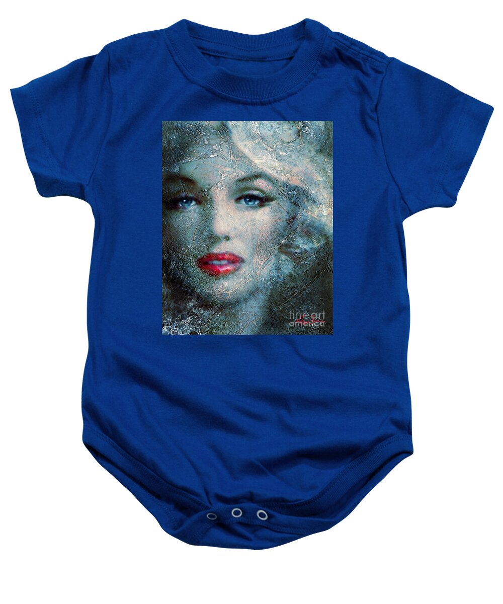 Marilyn Monroe Baby Onesie featuring the painting MM frozen blue by Angie Braun