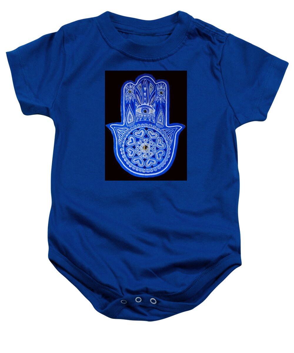 Blue Hamsa Baby Onesie featuring the painting My Blue Hamsa by Patricia Arroyo