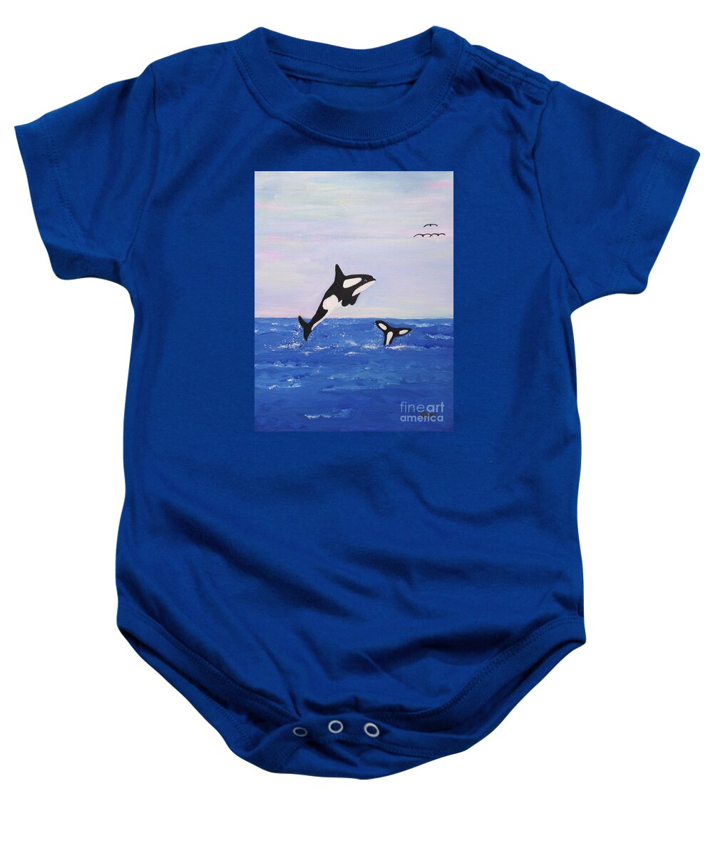 Orcas Baby Onesie featuring the painting Orcas in the Morning by Karen Jane Jones