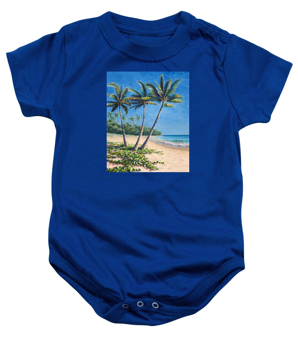 Hawaiian Palm Tree Landscape Baby Onesie featuring the painting Tropical Paradise Landscape - Hawaii Beach and Palms Painting by K Whitworth