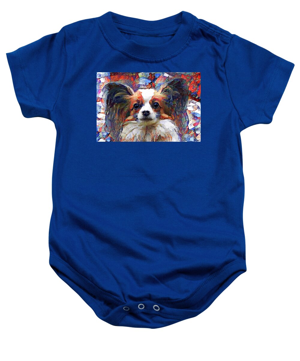 Papillon Baby Onesie featuring the digital art Poppy the Papillon Dog by Peggy Collins