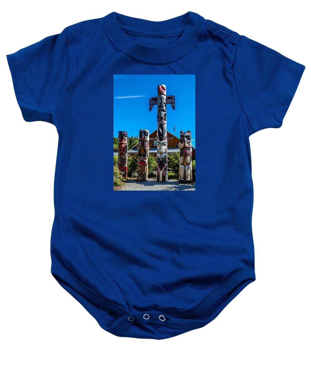 Alaska Baby Onesie featuring the photograph Rainforest Sanctuary Totems by Pamela Newcomb