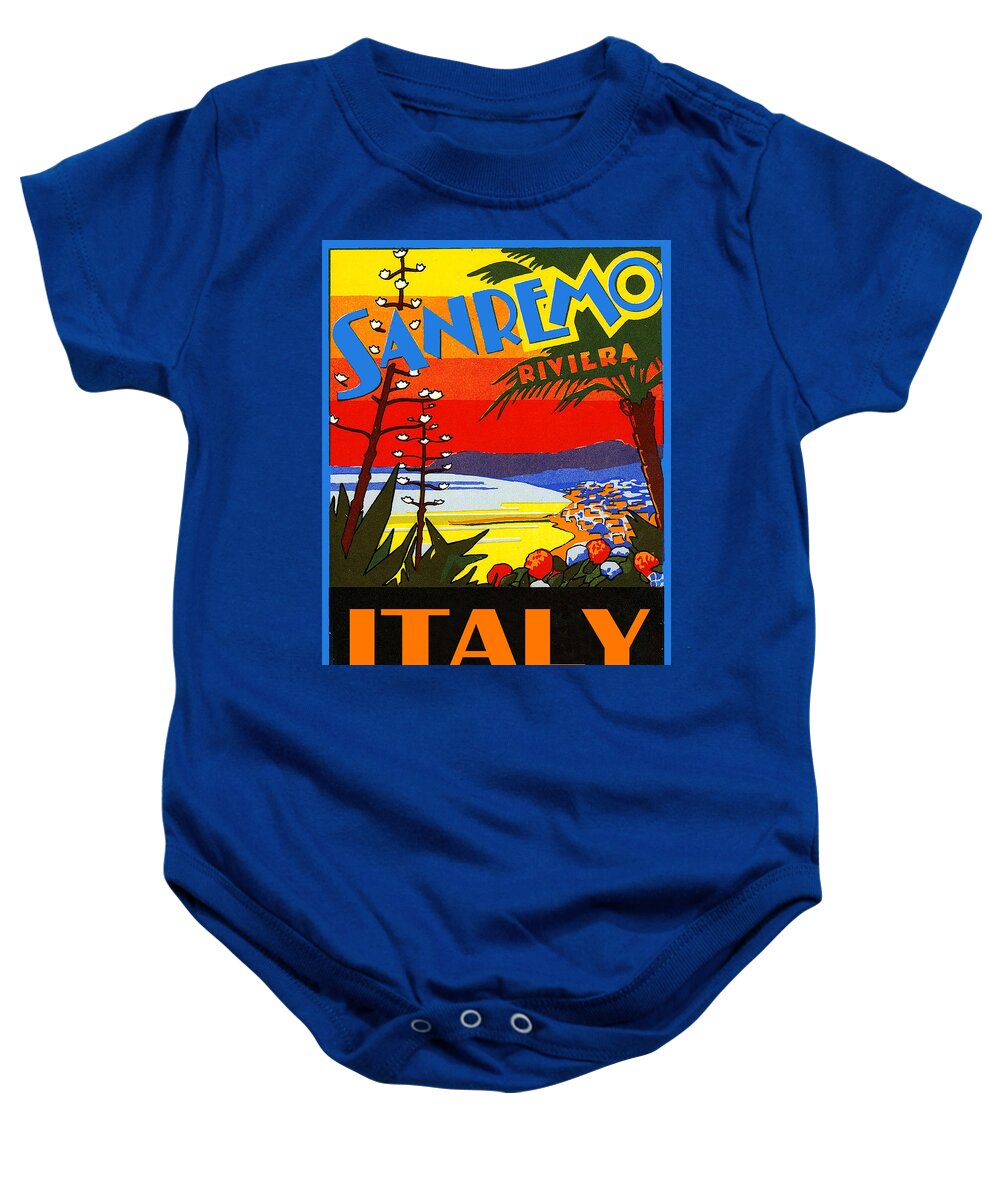 Sanremo Riviera Baby Onesie featuring the painting Sanremo riviera, Italy, vintage travel poster by Long Shot