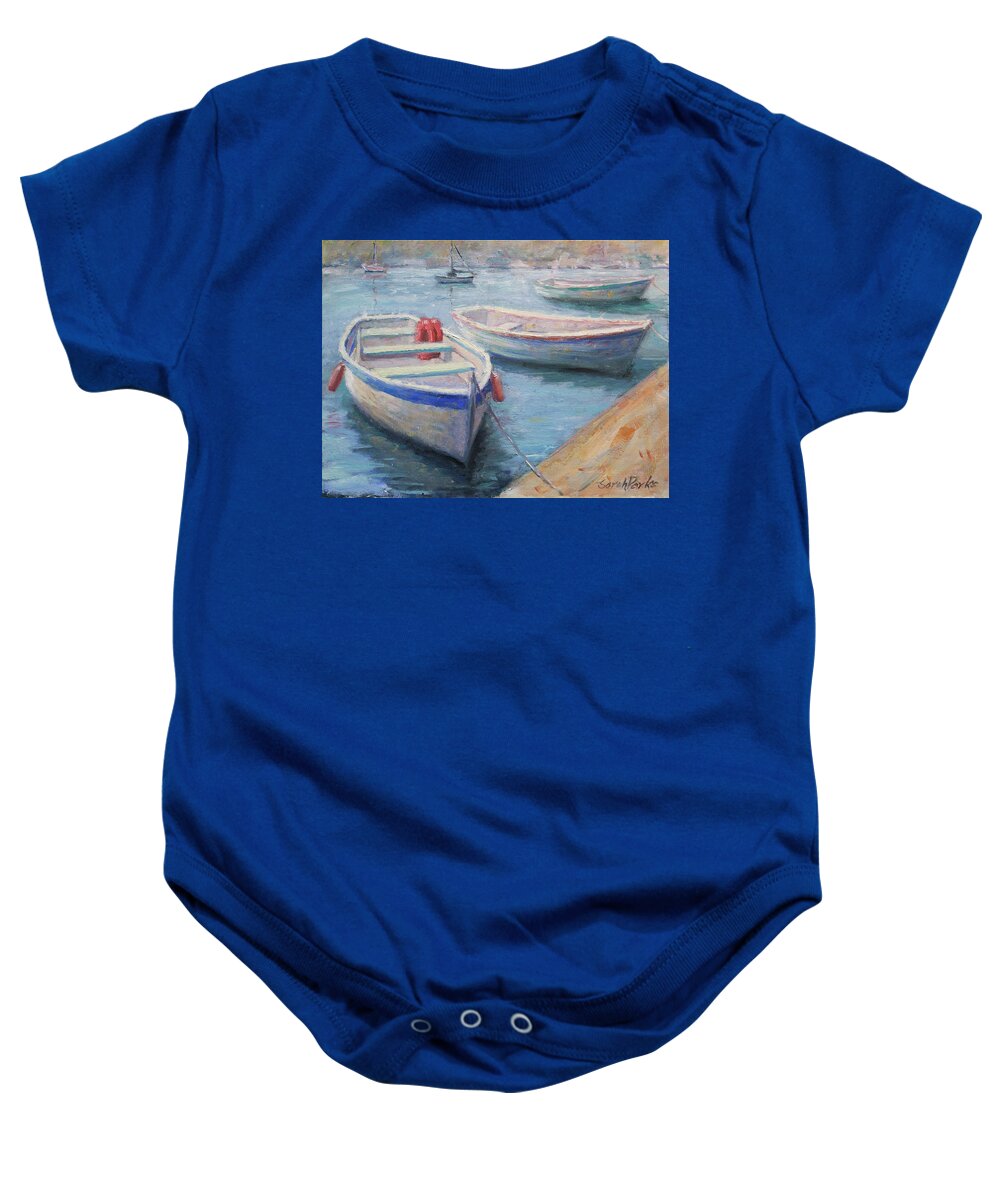 Landscape Baby Onesie featuring the painting Skiffs in Harbor by Sarah Parks