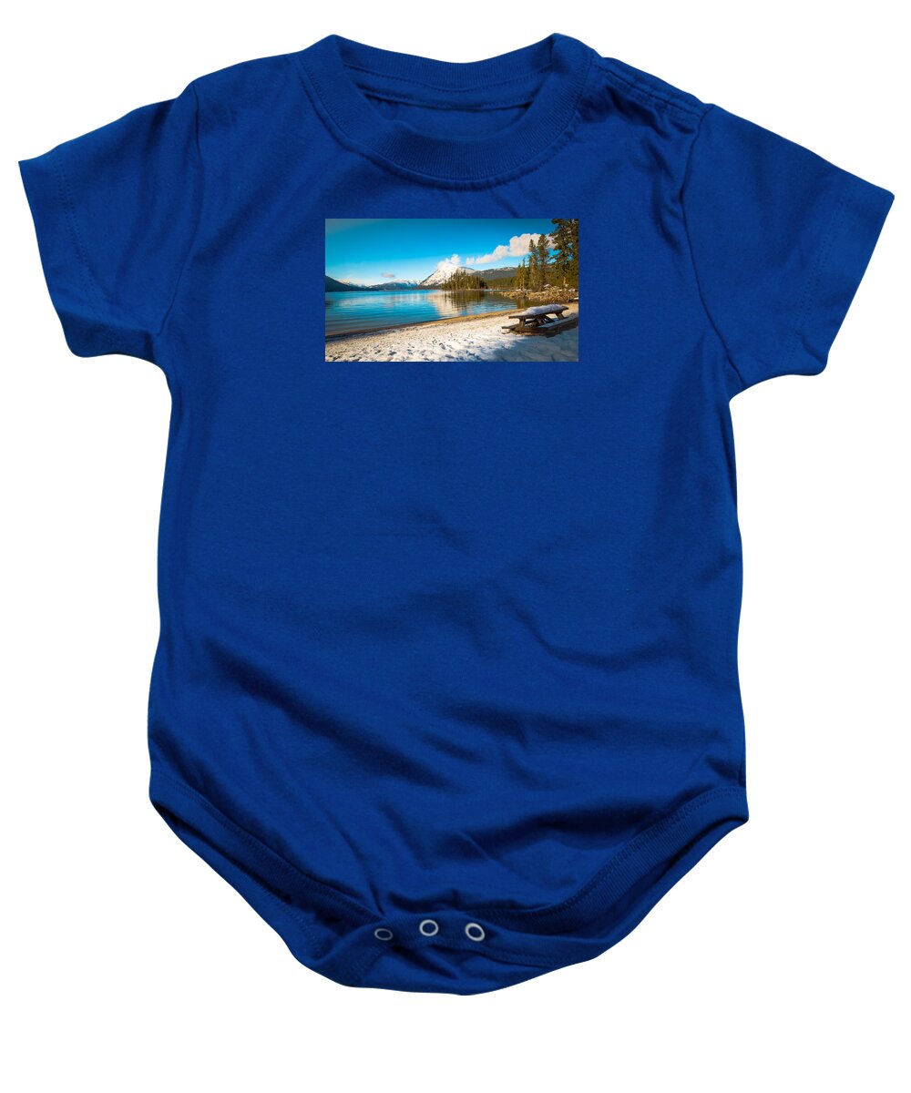 Now Baby Onesie featuring the photograph Snowy day at the beach by Penny Miller