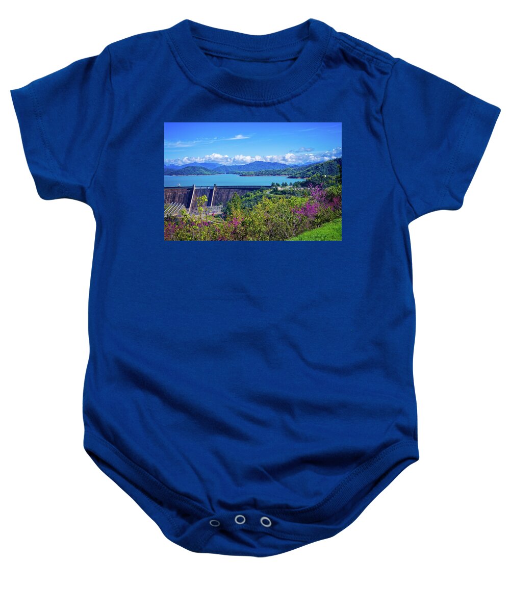 Shasta Lake Baby Onesie featuring the photograph Springtime at Shasta Lake Dam by Lynn Bauer