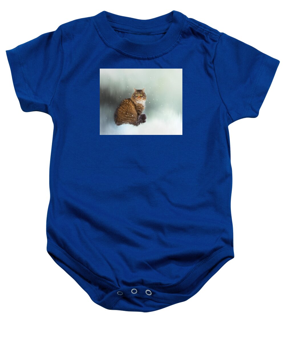 Theresa Tahara Baby Onesie featuring the photograph Starting To Snow Again by Theresa Tahara