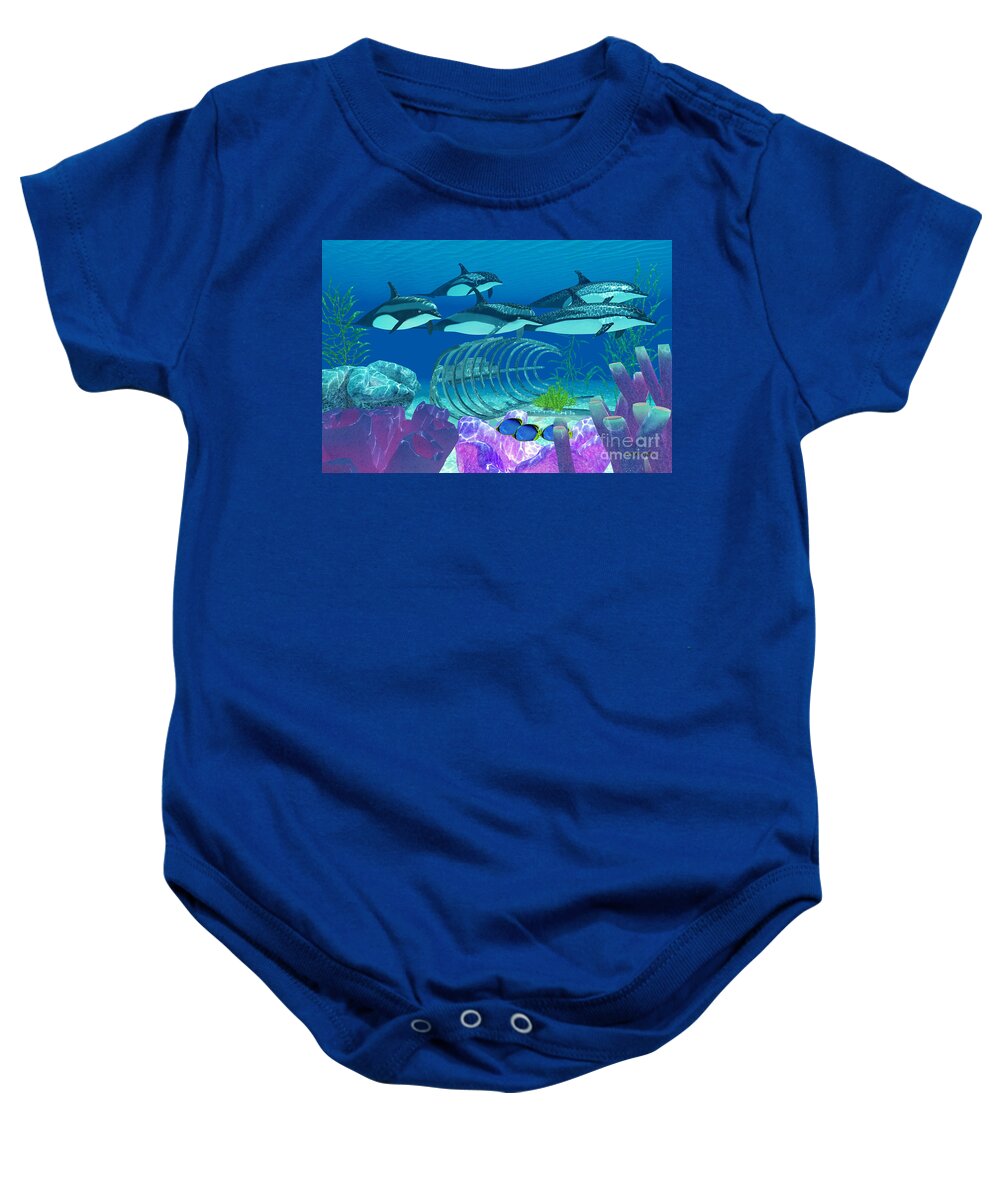 Striped Dolphin Baby Onesie featuring the painting Striped Dolphin and Wreck by Corey Ford
