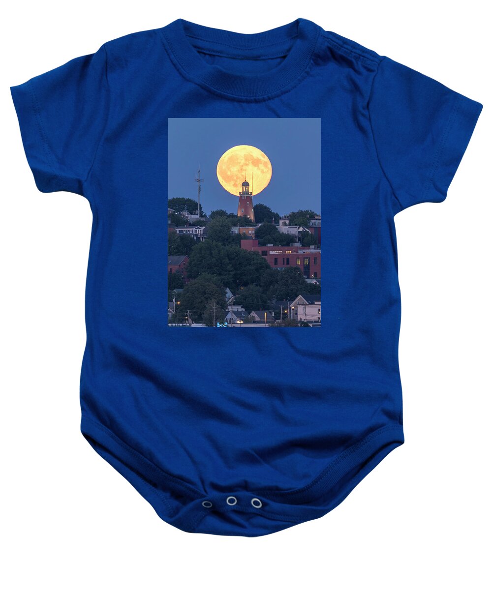 Maine Baby Onesie featuring the photograph Sturgeon Moon over Portland Observatory by Colin Chase
