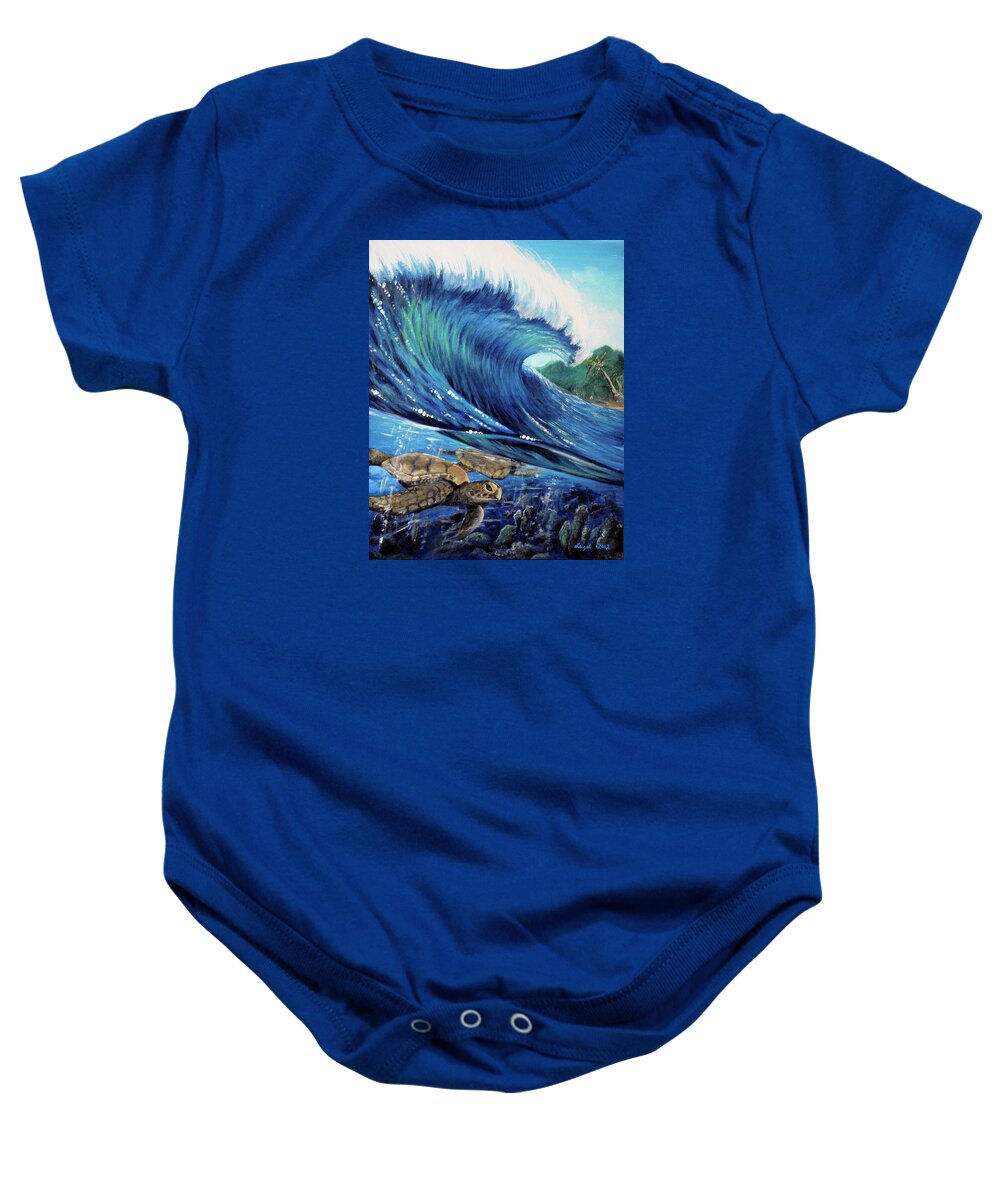 Animal Baby Onesie featuring the painting Surfing Turtle by Leizel Grant