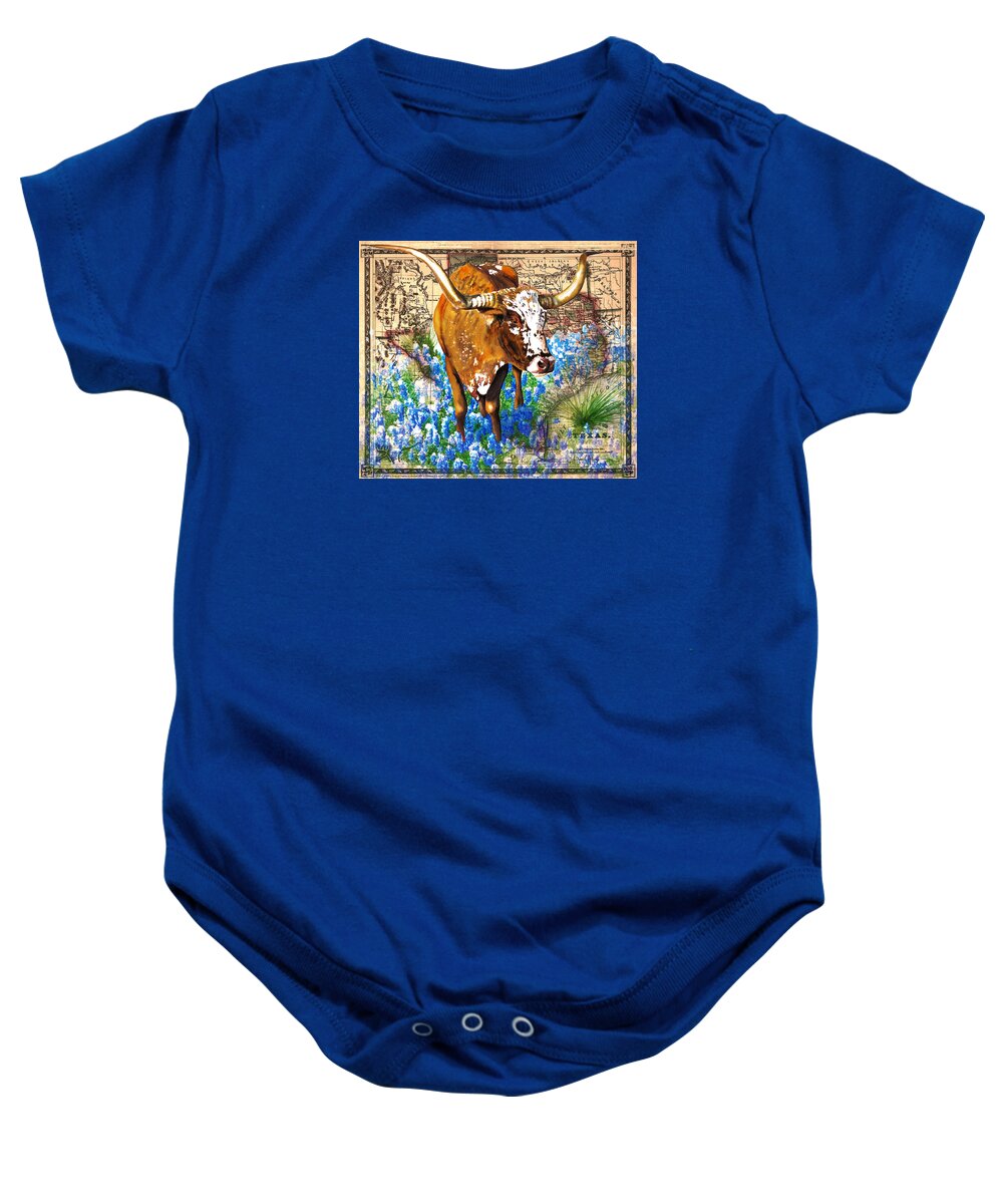 Texas Baby Onesie featuring the painting Texas Longhorn in Bluebonnets by Daniel Adams