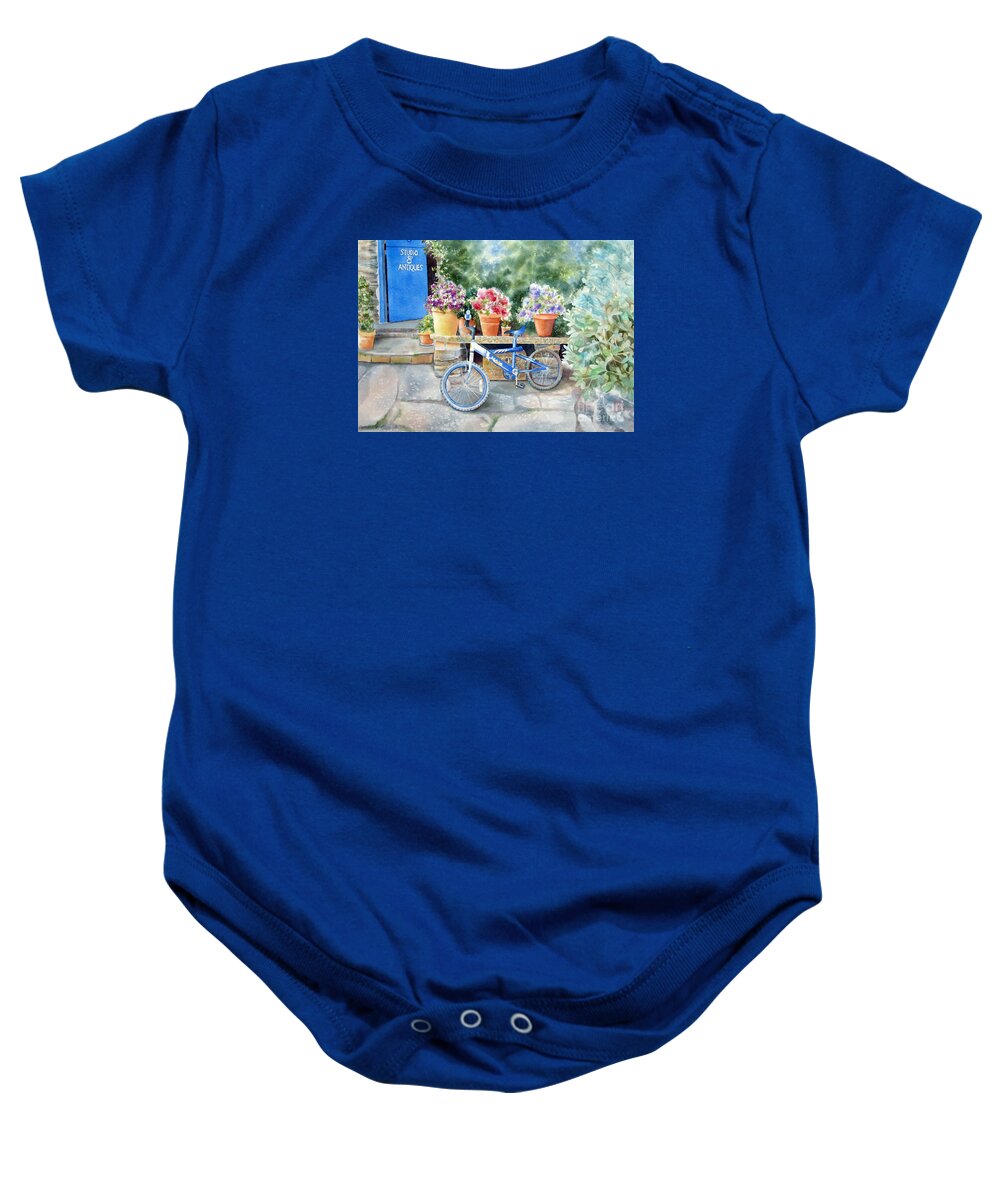  Blue Bicycle Baby Onesie featuring the painting The Blue Bicycle by Deborah Ronglien