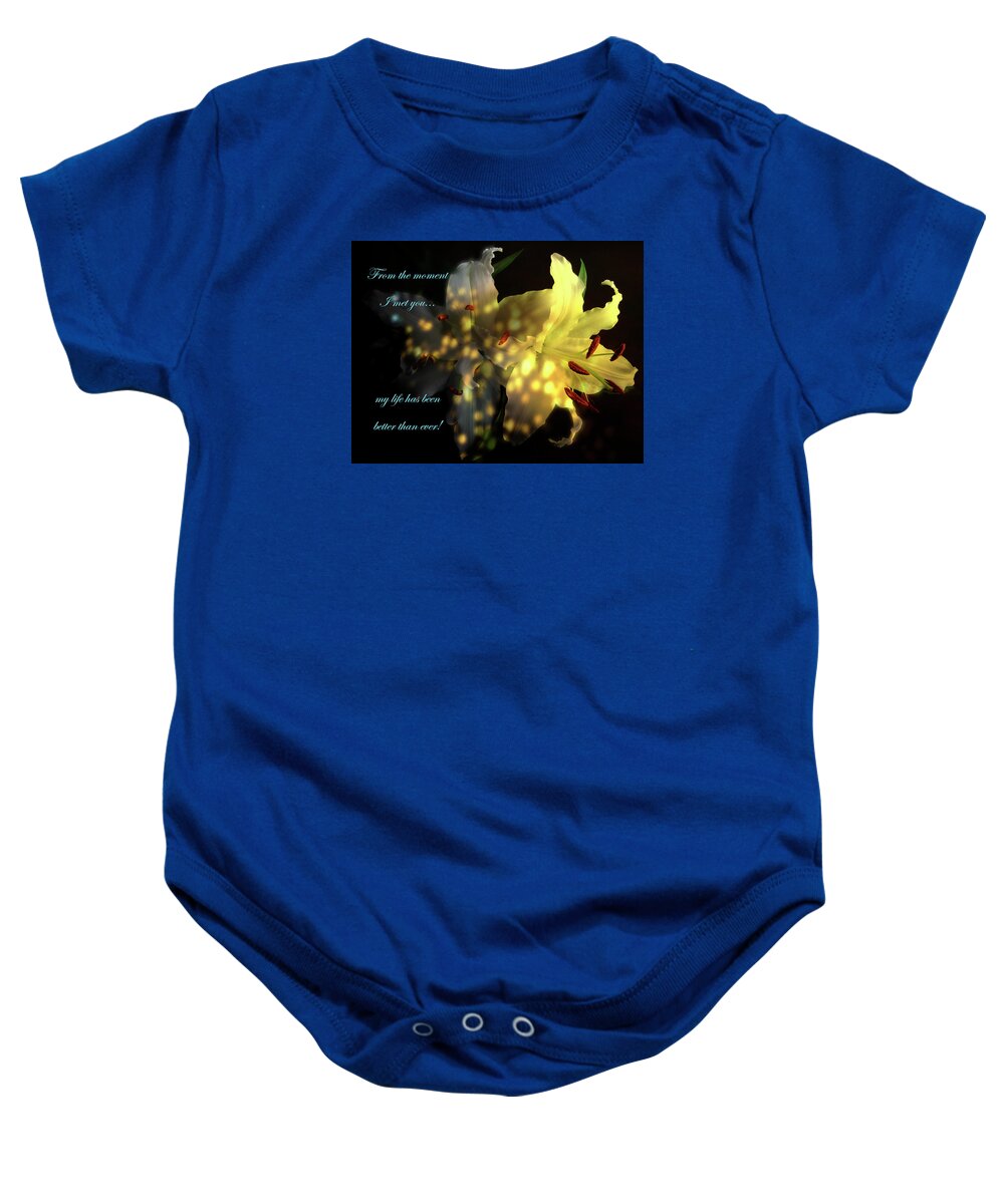 Inspirational Baby Onesie featuring the mixed media The Moment I Met You by Johanna Hurmerinta