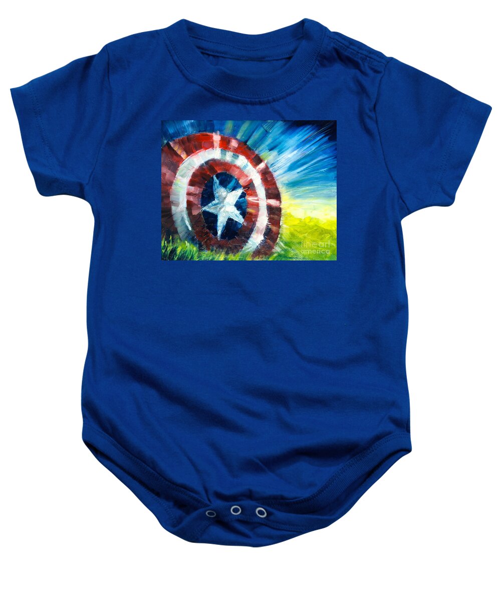 Capt. America Baby Onesie featuring the painting The Shield by Alan Metzger