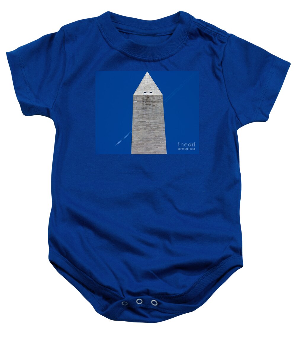 The Washington Monument Baby Onesie featuring the photograph Vapor Trail Behind Washington Memorial by Tom Gari Gallery-Three-Photography