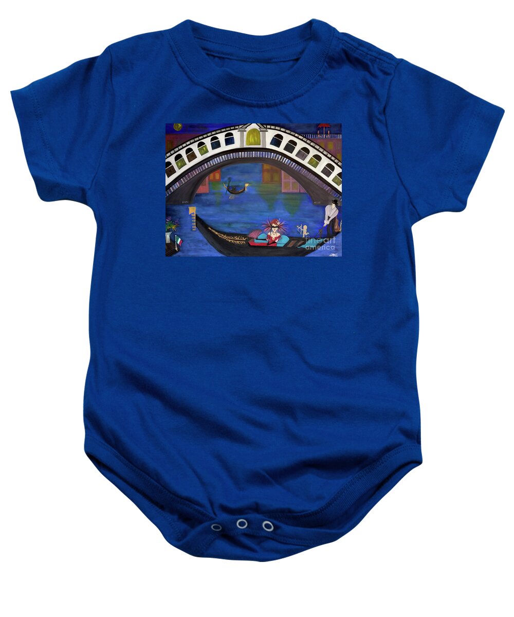 Gondola Baby Onesie featuring the painting Venice Gondola By Night by Artist Linda Marie