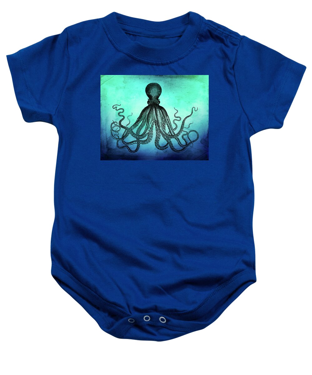 Octopus Baby Onesie featuring the digital art Vintage Octopus on Blue Green Watercolor by Peggy Collins