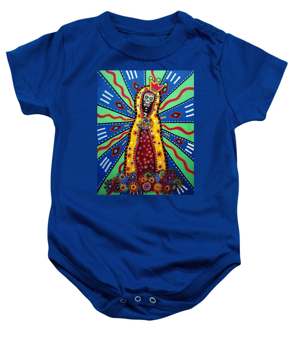 Virgin Guadalupe Day Of The Dead Painting Mexican Our Lady Of Guadalupe Dia De Los Muertos Flowers Blooms Paintings Prints Posters Original Folk Art Baby Onesie featuring the painting Virgin Guadalupe Day Of The Dead Painting by Pristine Cartera Turkus