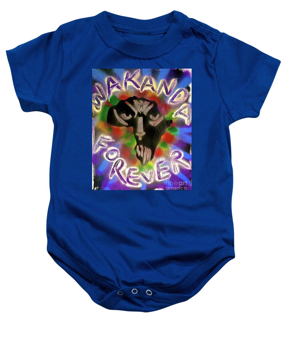 Comic Book Art Baby Onesie featuring the painting WAKANDA FOREVER blue by Tony B Conscious