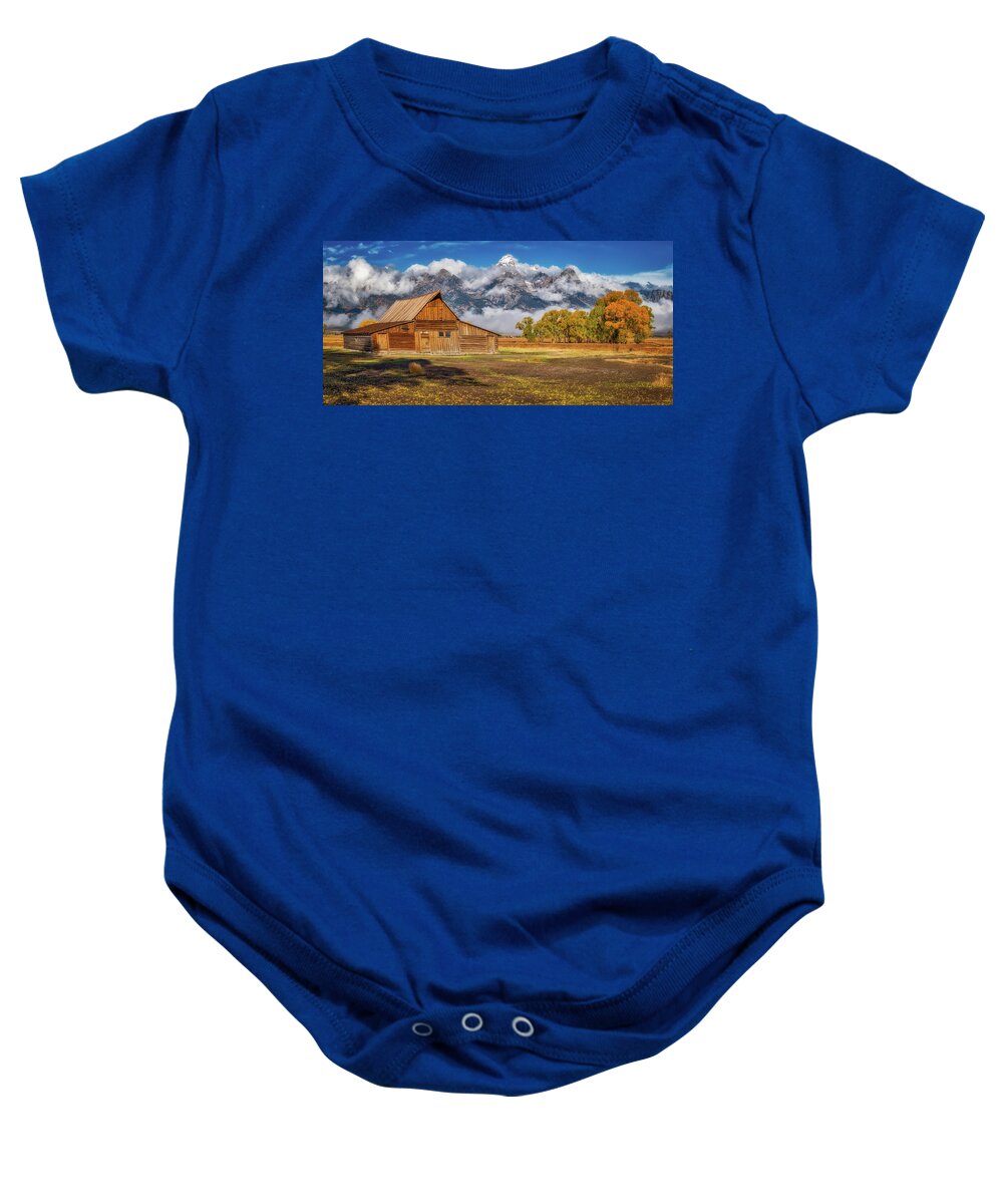 Barns Baby Onesie featuring the photograph Warm Morning light in the Tetons by Darren White