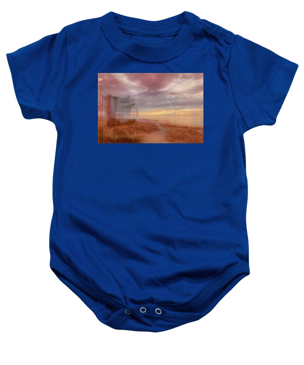 Clouds Baby Onesie featuring the photograph Watching the Day Begin in Sepia Watercolors by Debra and Dave Vanderlaan