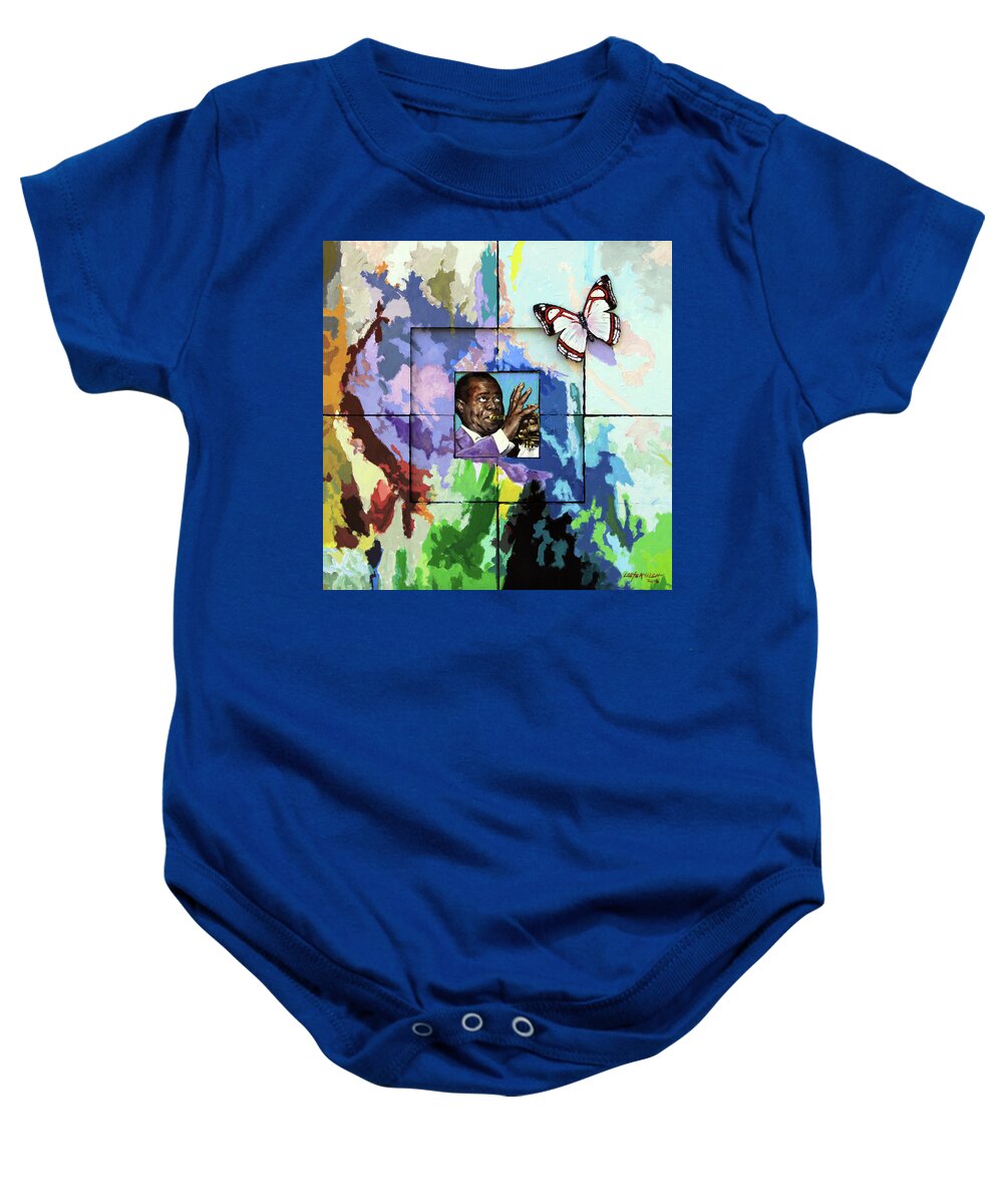 Louis Armstrong Baby Onesie featuring the painting What A Wonderful World by John Lautermilch