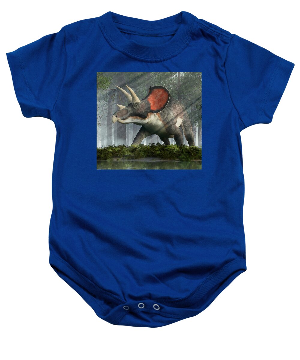 Triceratops Baby Onesie featuring the digital art Triceratops in a Forest #2 by Daniel Eskridge