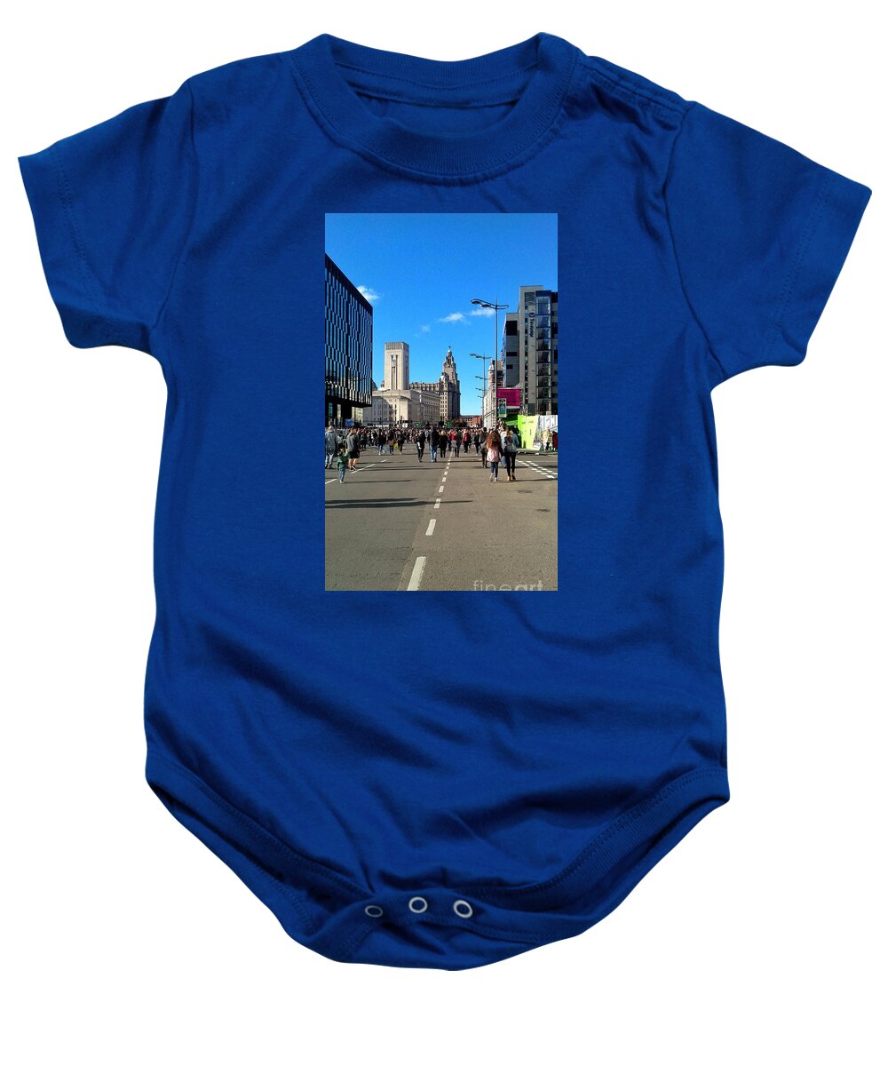 The Strand Liverpool Baby Onesie featuring the photograph Walking Along The Strand #2 by Joan-Violet Stretch