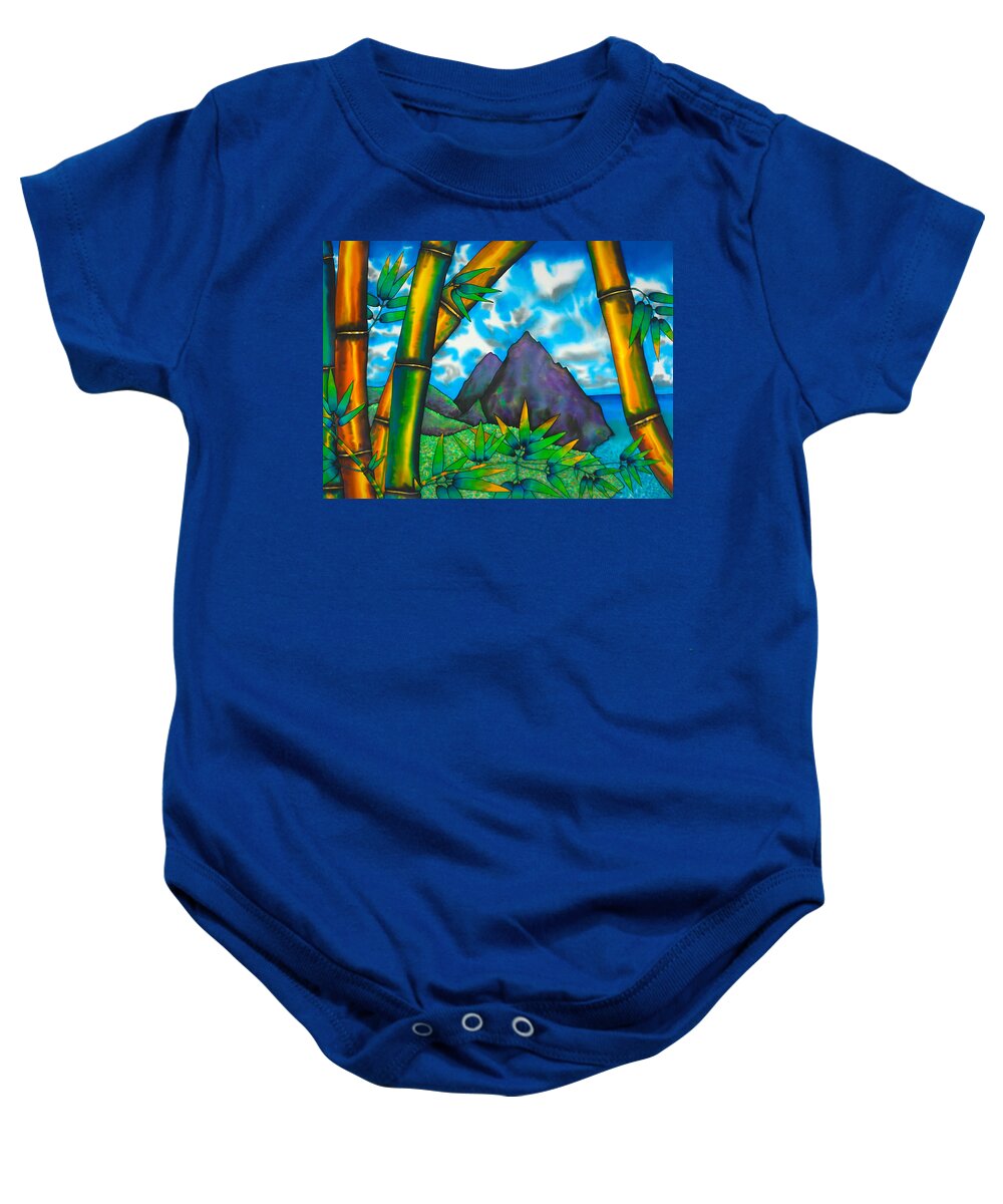 Pitons Baby Onesie featuring the painting St. Lucia Pitons #3 by Daniel Jean-Baptiste