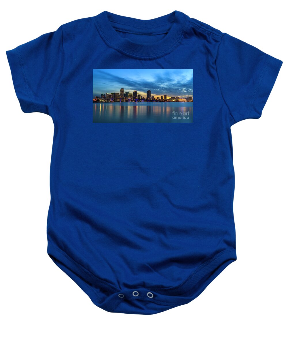 Biscayne Bay Baby Onesie featuring the photograph Miami Sunset Skyline by Raul Rodriguez