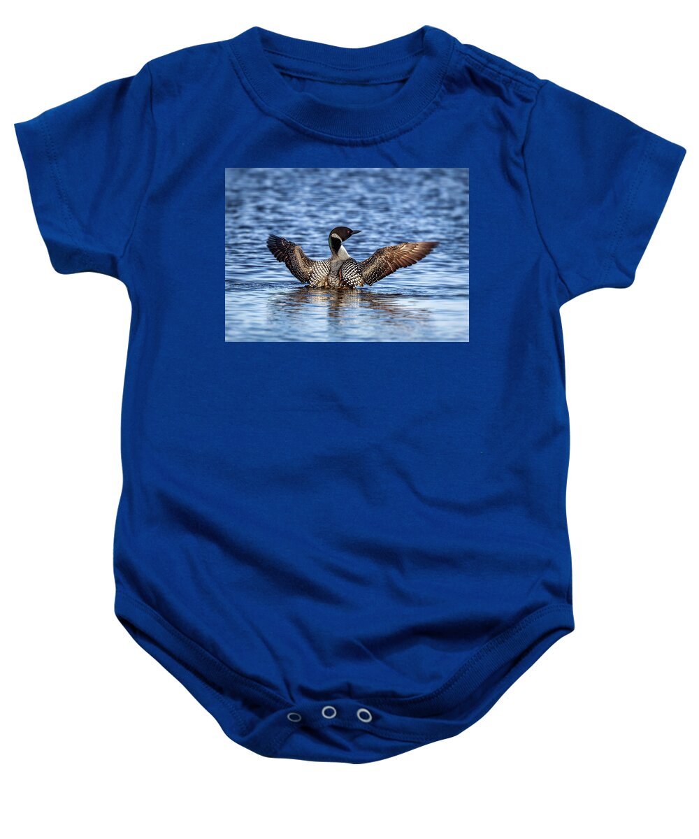 Common Loon Baby Onesie featuring the photograph A primping Loon in mating colors by Al Mueller