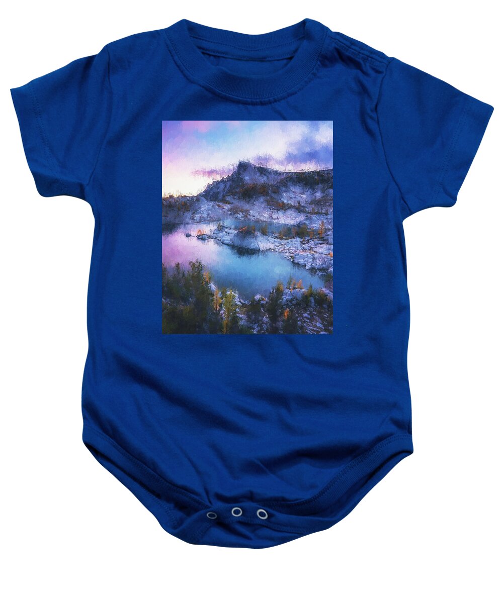 Alpine Lakes Baby Onesie featuring the painting Alpine Lakes, Washington by AM FineArtPrints