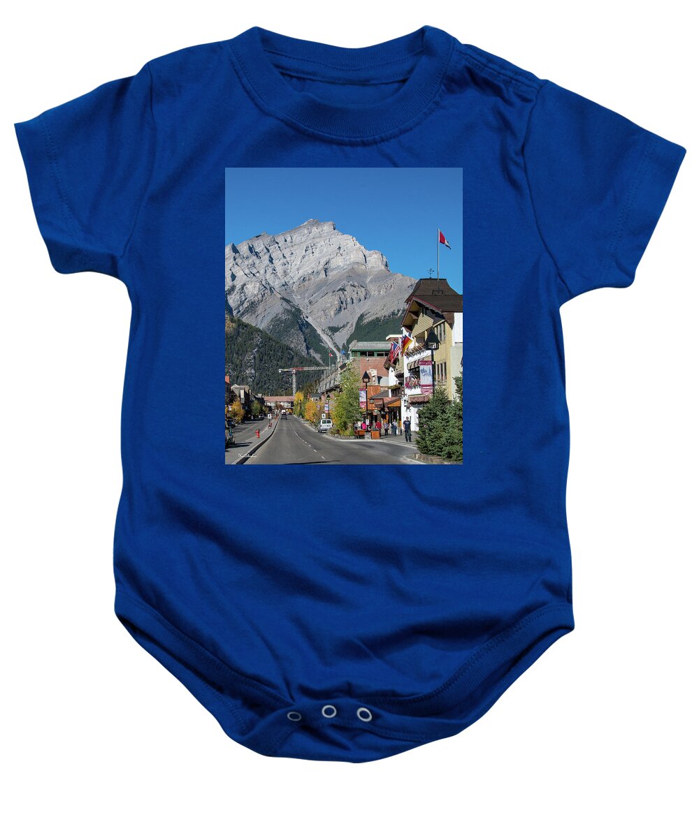 2015 Baby Onesie featuring the photograph Banff Town Center and Cascade Mountain by Tim Kathka