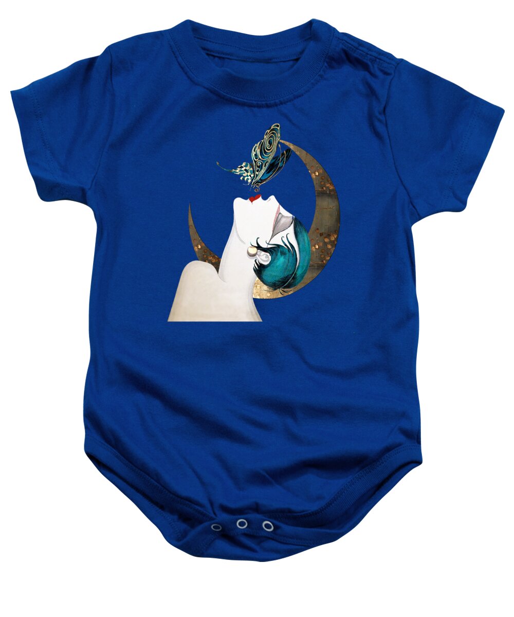 Beautiful Baby Onesie featuring the painting Butterfly Kiss French Art Deco Woman Remix by Tina Lavoie