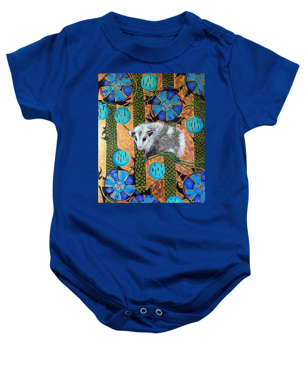 Possum Baby Onesie featuring the painting Dinning in the Crabapple Tree by Linda Markwardt