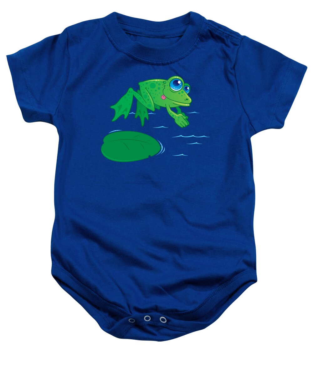 Vector Drawing Of A Cute Frog Diving Off Of A Lily Pad Into Water. Drawn In A Humorous Cartoon Style. Baby Onesie featuring the digital art Diving Frog by John Schwegel