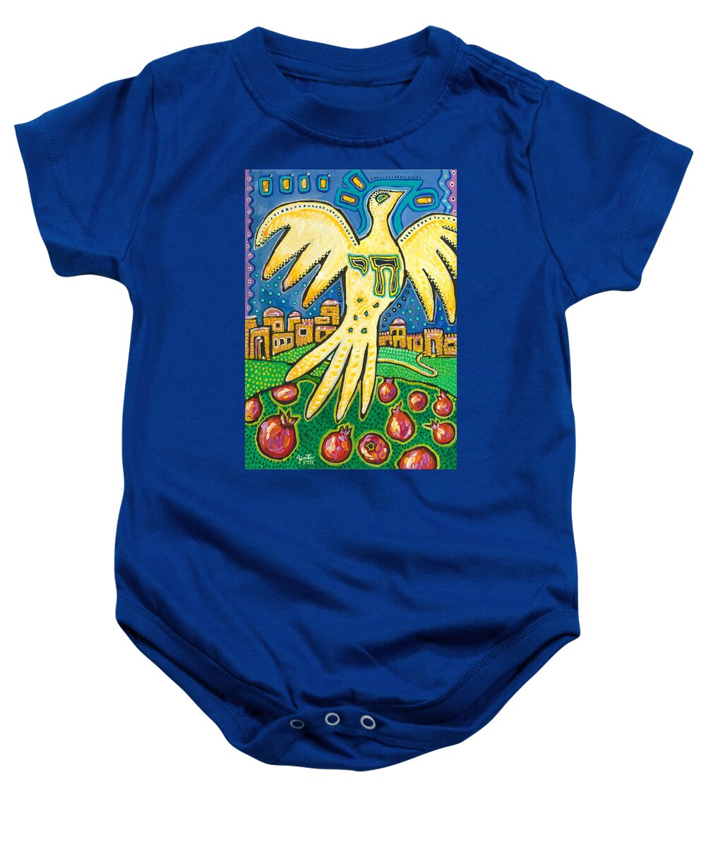 Dove Baby Onesie featuring the painting Dove Over Israel by Yom Tov Blumenthal