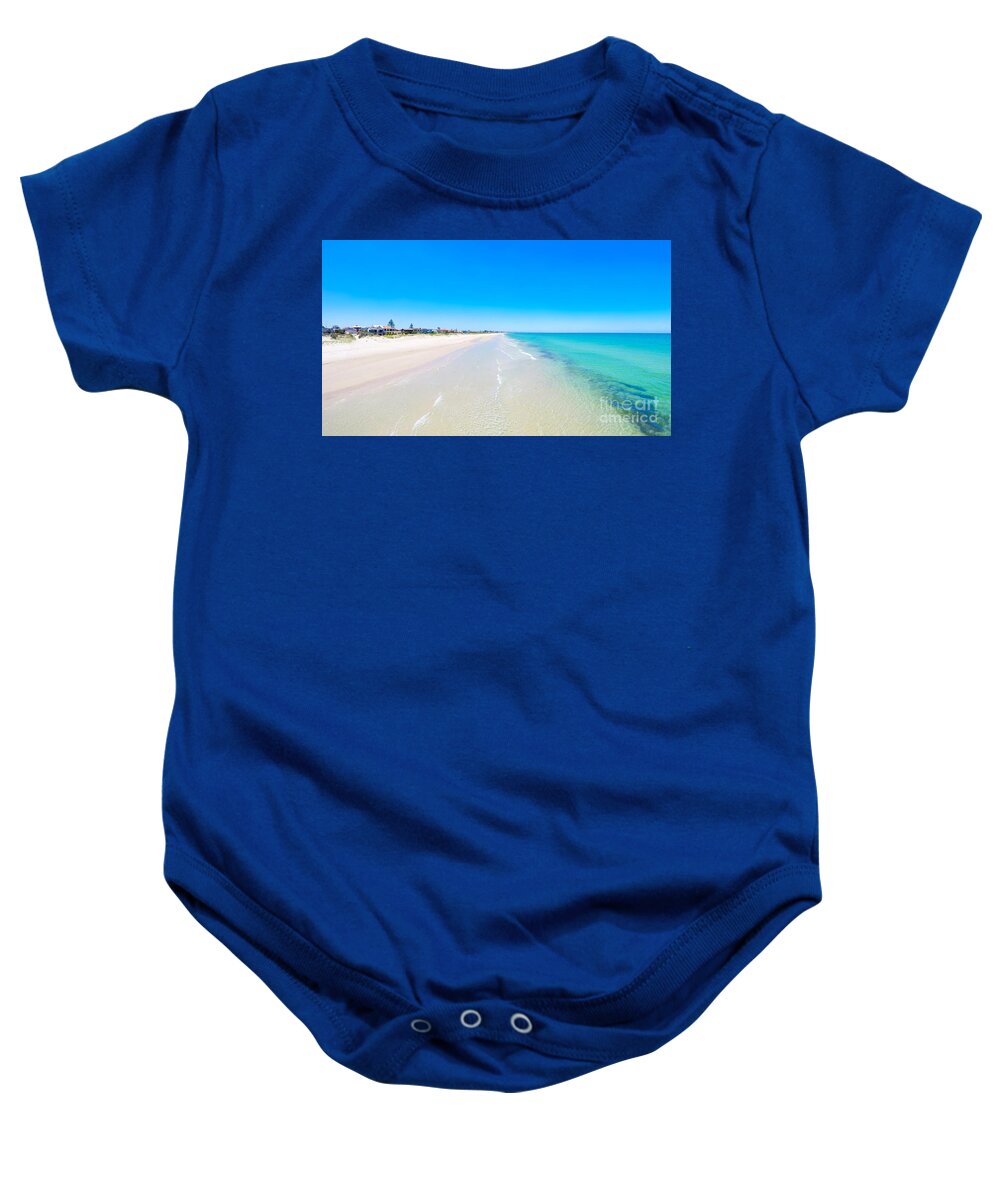 Drone Baby Onesie featuring the photograph Drone aerial view of wide open white sandy beach by Milleflore Images