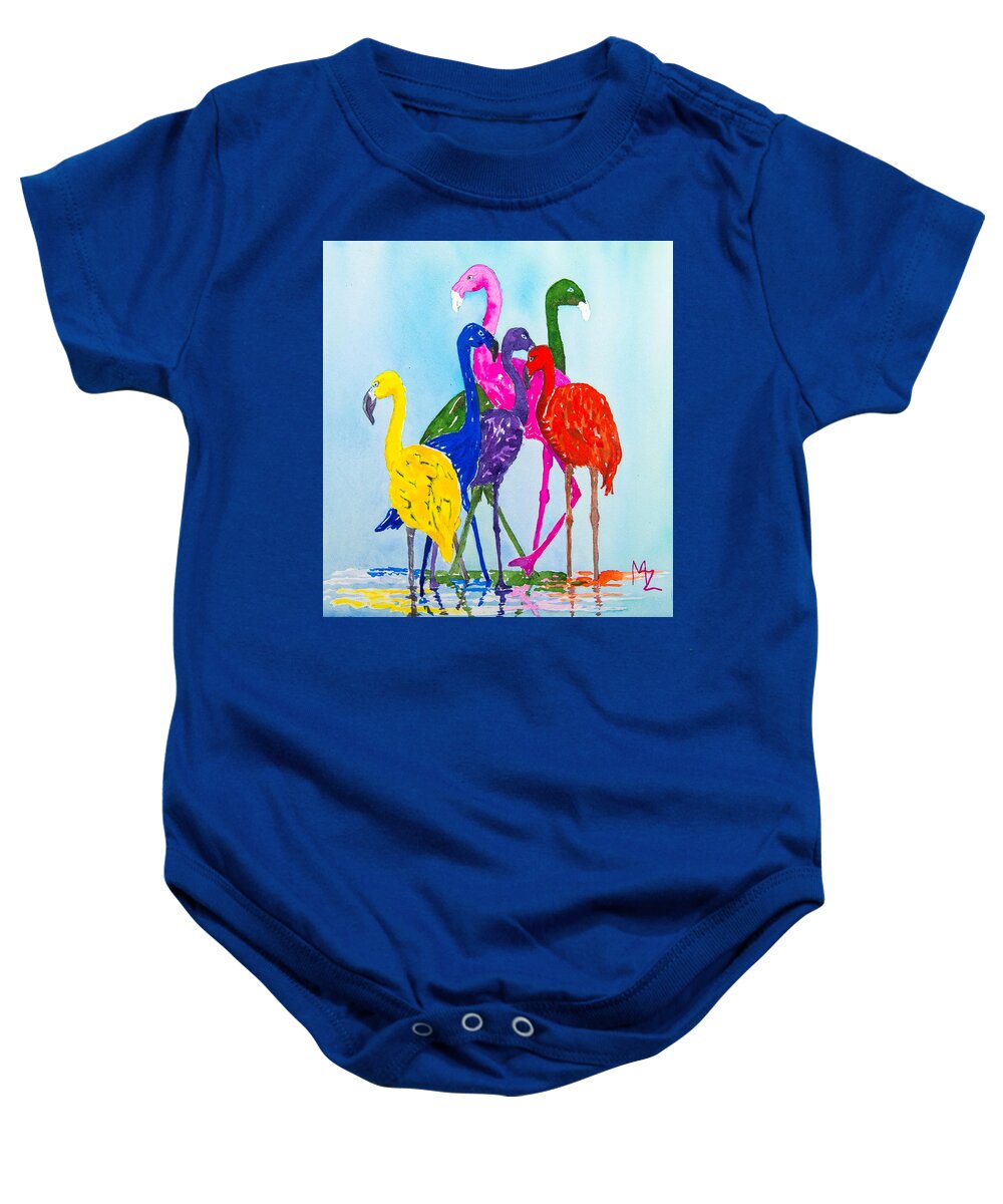 Flamingo Baby Onesie featuring the painting Flamingo Colorplay by Margaret Zabor