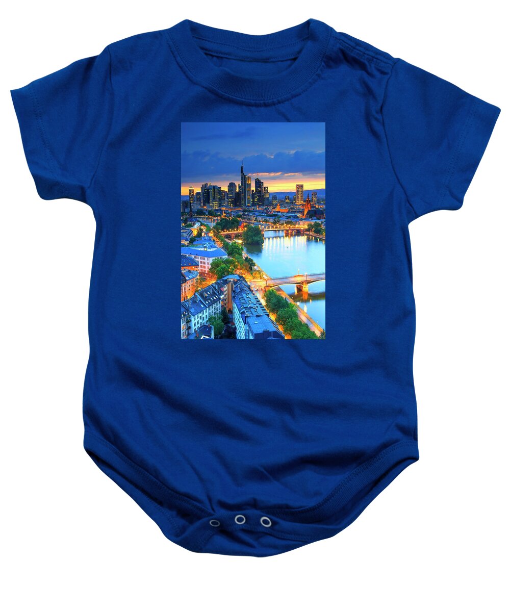 Estock Baby Onesie featuring the digital art Germany, Hessen, Frankfurt Am Main, The Skyline Of The City With The Skyscrapers Of The Banks District Along The Main River by Maurizio Rellini