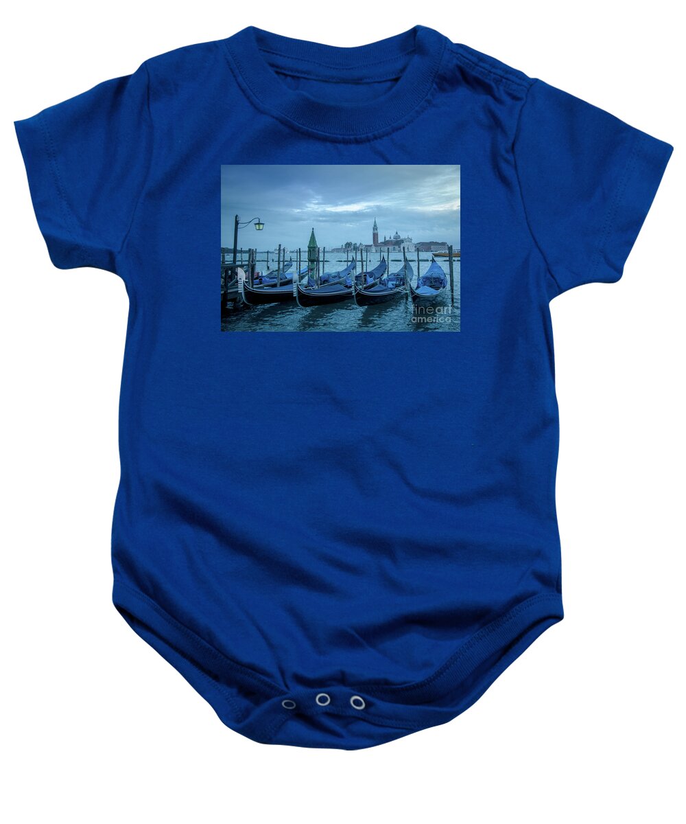 Boat Baby Onesie featuring the photograph Gondolas in Venice with the church San Giorgo Maggiore in the ba by Amanda Mohler