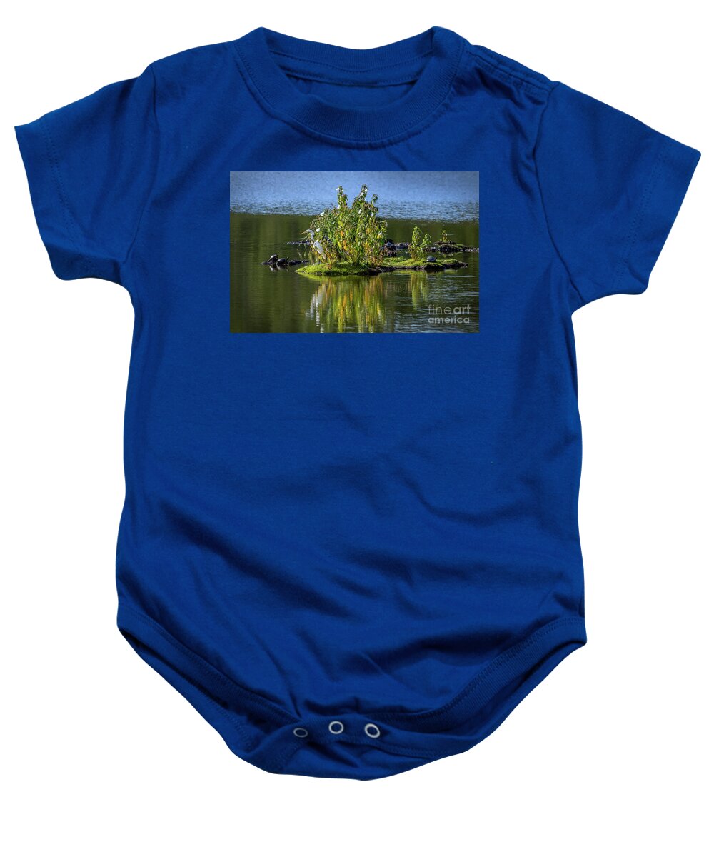 Great Egret Baby Onesie featuring the photograph Great Egret Fishing from a small Island with Turtles on the Chesapeake Bay by Patrick Wolf