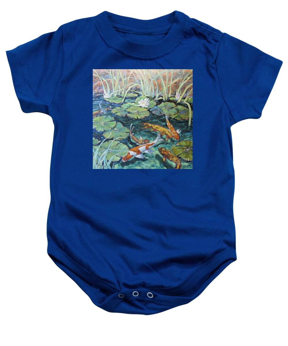 30x30x1.5 Baby Onesie featuring the painting Koi Fish Pond by Richard Pranke by Richard T Pranke