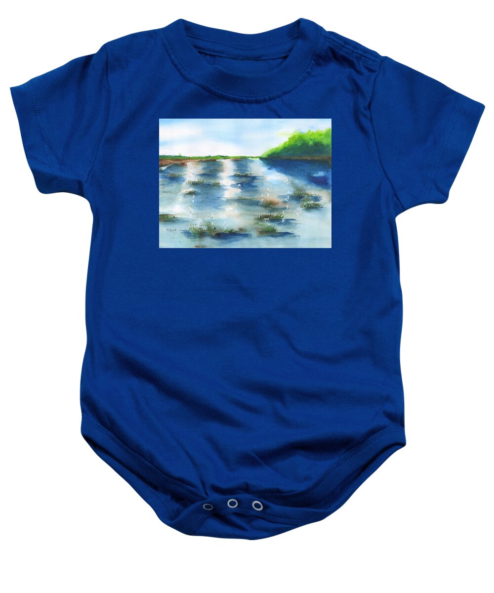 Egret Baby Onesie featuring the painting Many Egrets by Frank Bright