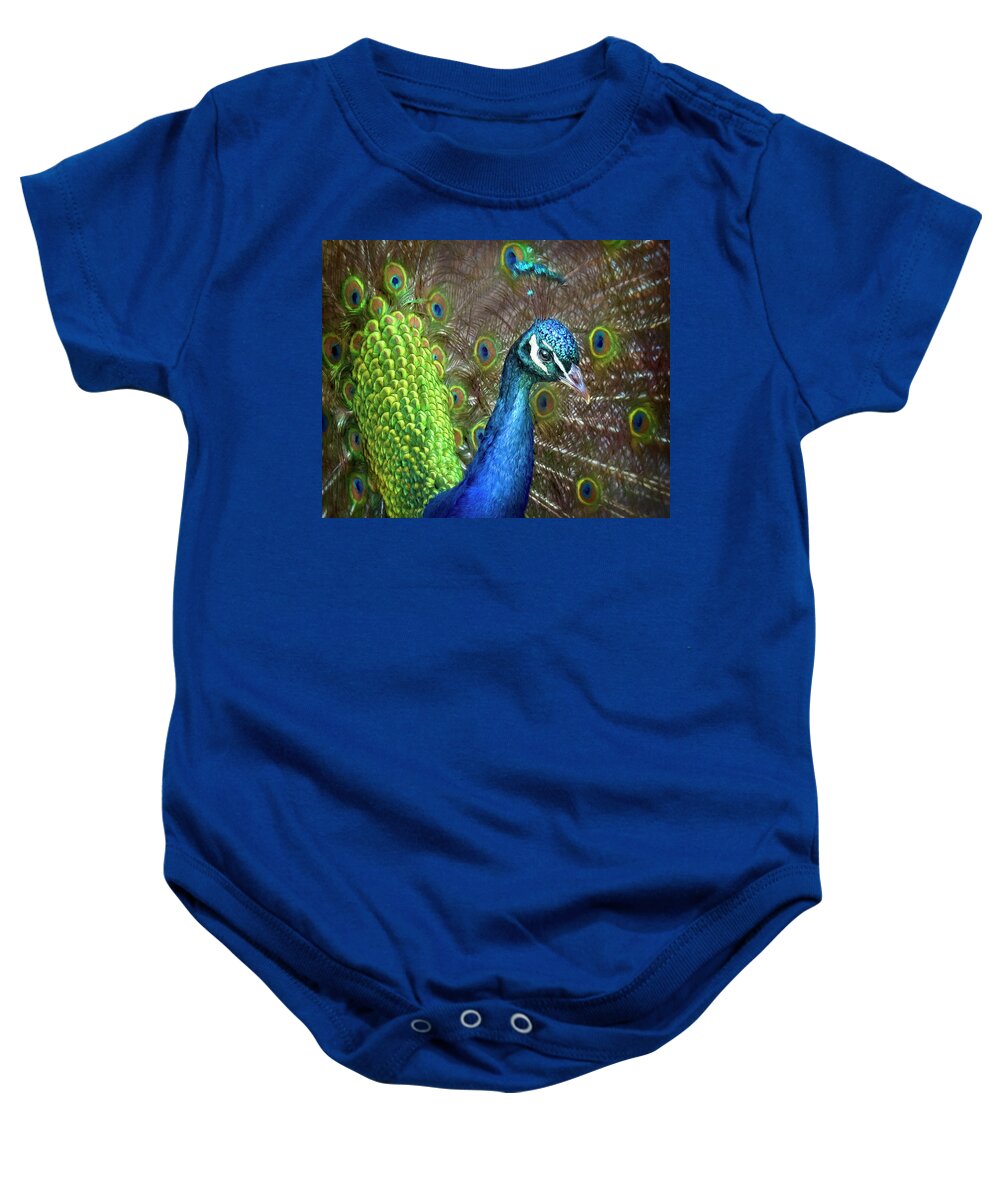 Peacock Baby Onesie featuring the painting Mr. Peacock Struts His Stuff by Jeanette Mahoney