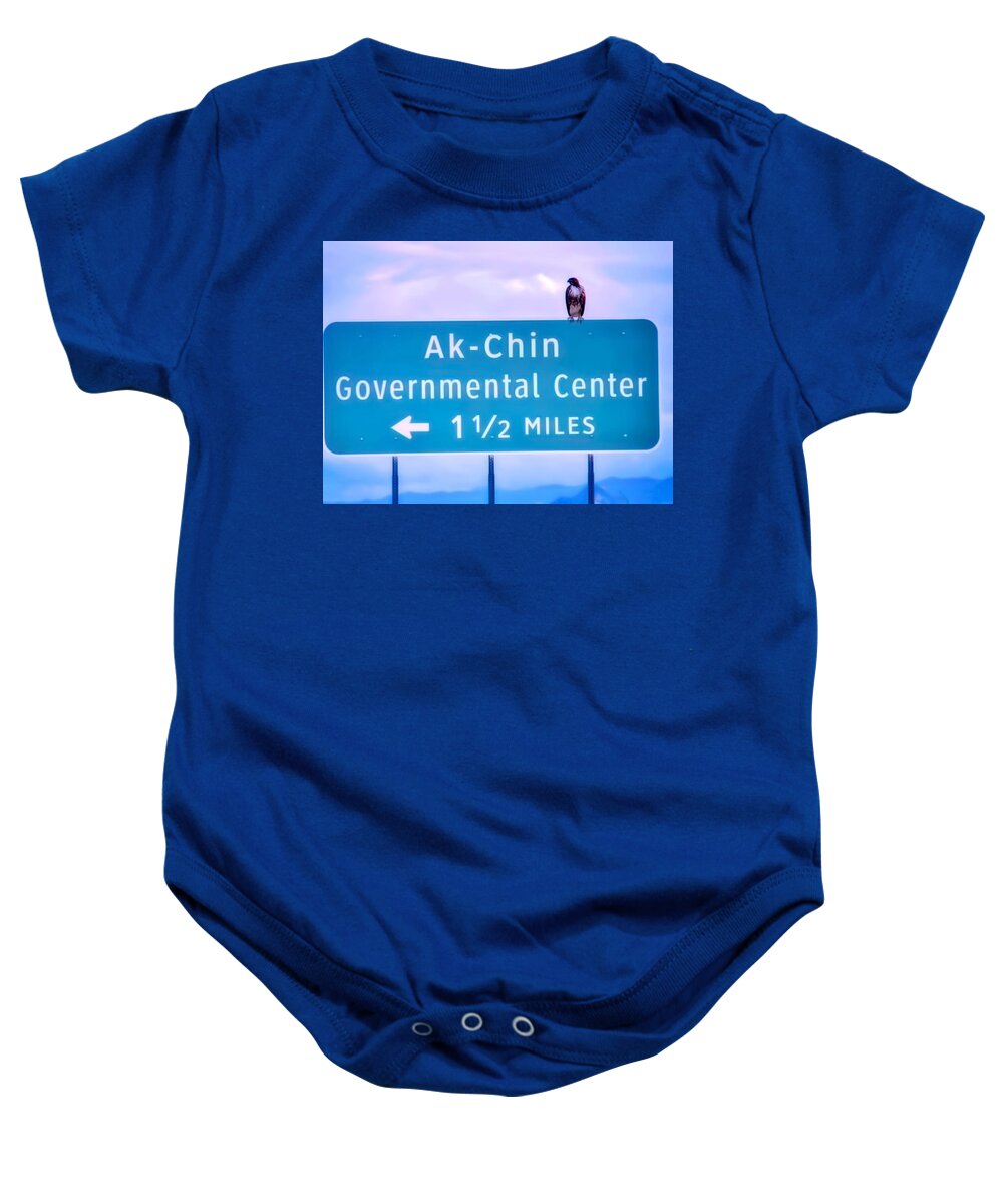 Affordable Baby Onesie featuring the photograph Red-Tailed Hawk on Ak-Chin Indian Sign by Judy Kennedy