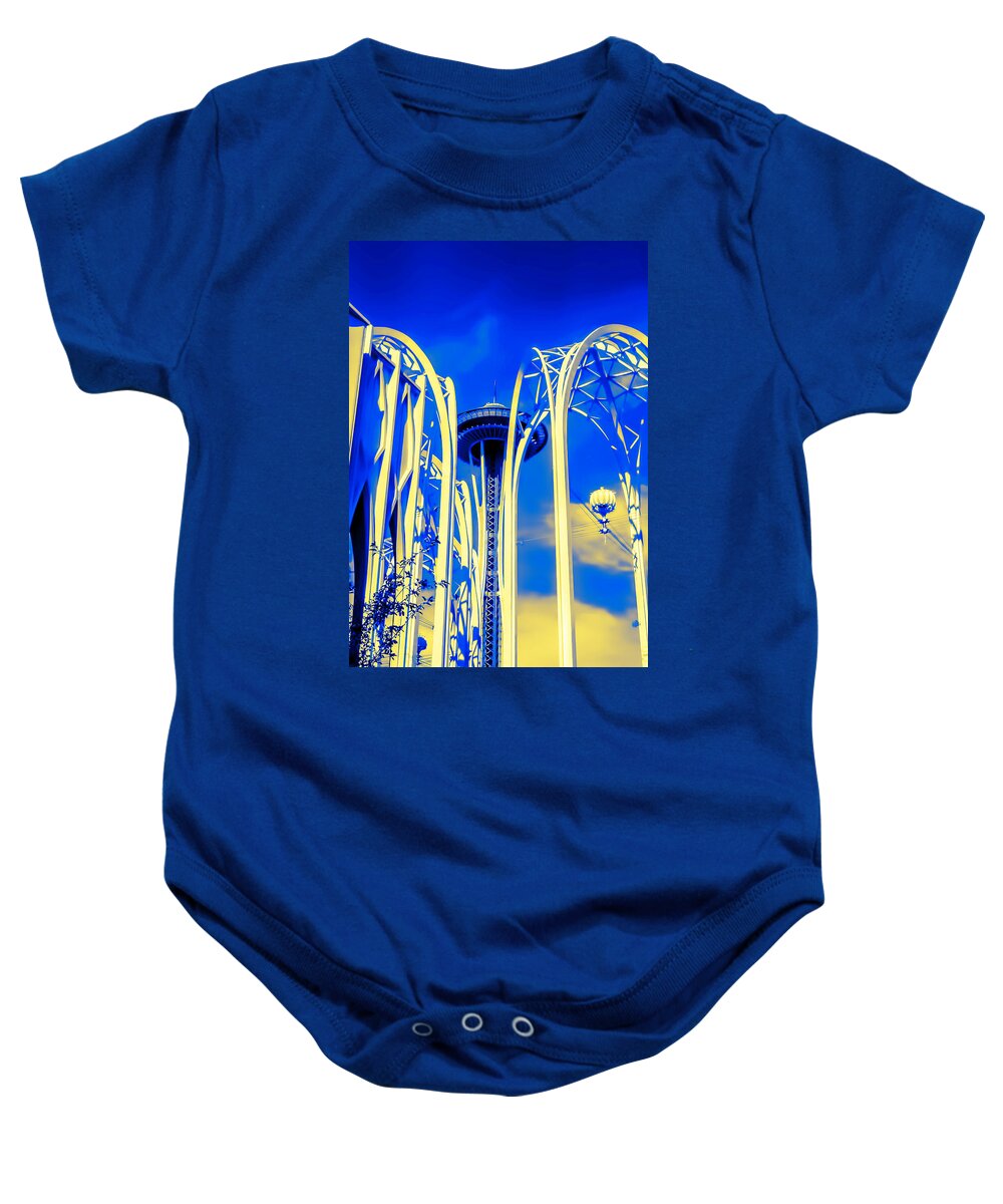 Space Needle Baby Onesie featuring the photograph Space Needle Blue and Yellow by Cathy Anderson