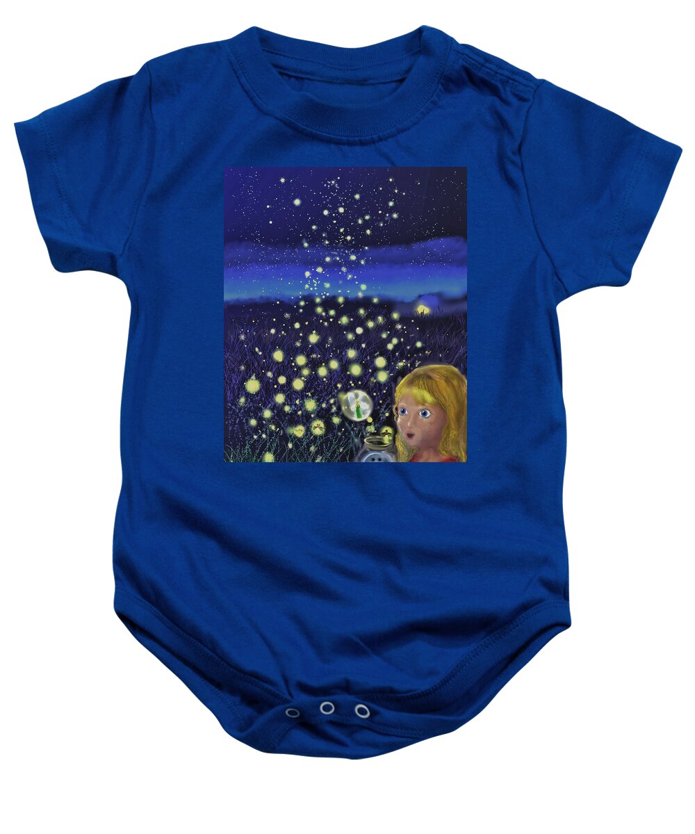 Landscape Baby Onesie featuring the painting Starry Skies and Fireflies Version 2 by Robert Rearick